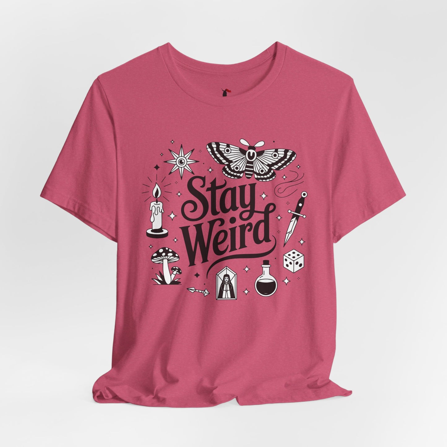 Stay Weird Graphic Tee — Witchy Moth Candle Dice Illustration