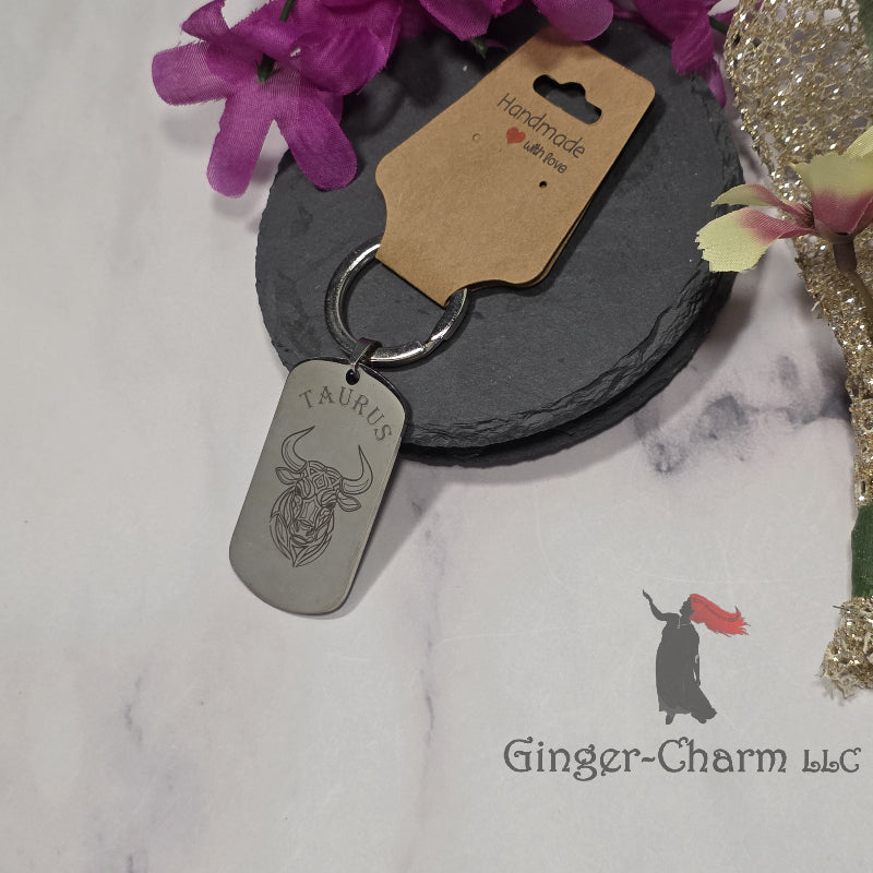 Keychain - Silver - Stainless Steel Dog Tag Pendant-Taurus Design