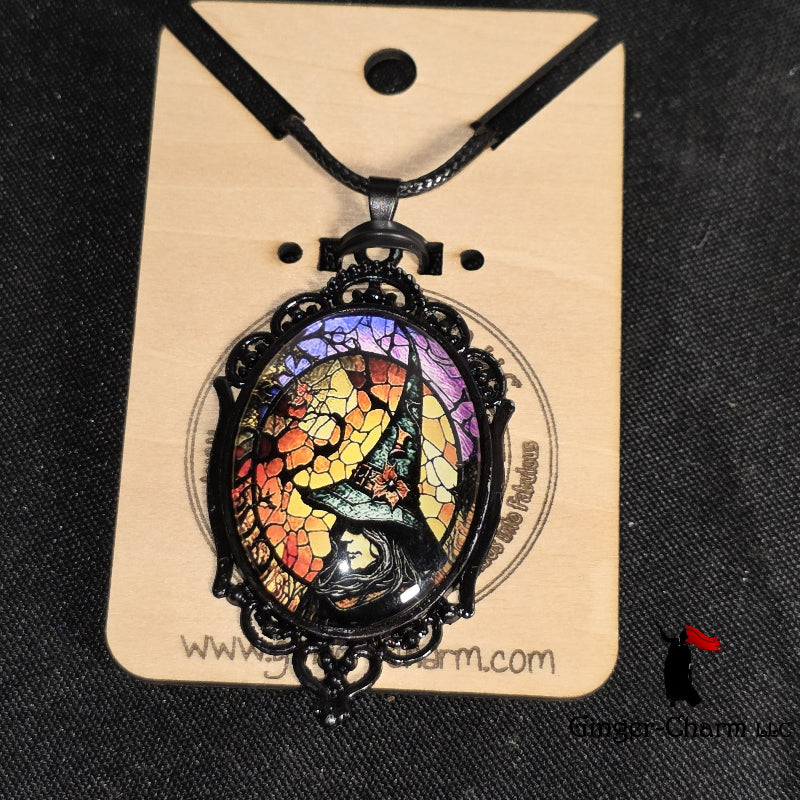 Necklace -Gothic Filigree Oval Cameo Pendant – Mystical Glass Cabochon