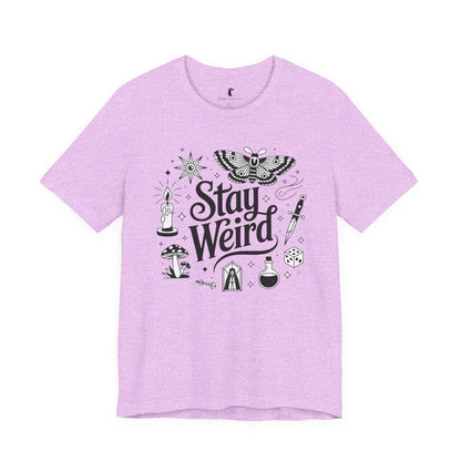 Stay Weird Graphic Tee — Witchy Moth Candle Dice Illustration