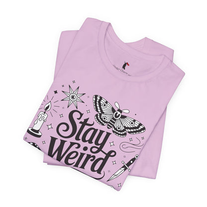 Stay Weird Graphic Tee — Witchy Moth Candle Dice Illustration