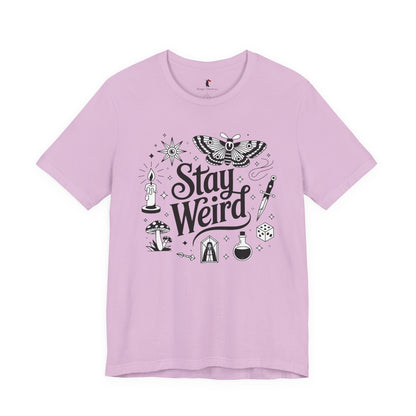 Stay Weird Graphic Tee — Witchy Moth Candle Dice Illustration