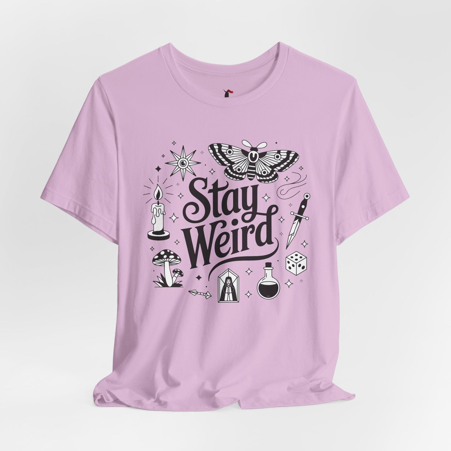Stay Weird Graphic Tee — Witchy Moth Candle Dice Illustration