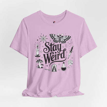 Stay Weird Graphic Tee — Witchy Moth Candle Dice Illustration