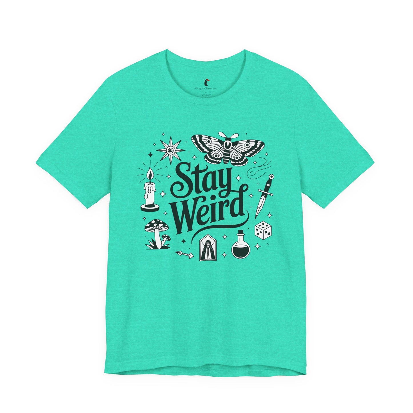 Stay Weird Graphic Tee — Witchy Moth Candle Dice Illustration