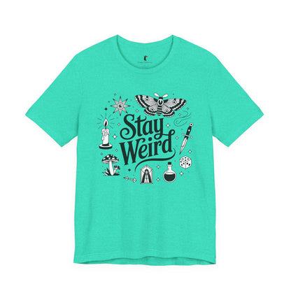 Stay Weird Graphic Tee — Witchy Moth Candle Dice Illustration