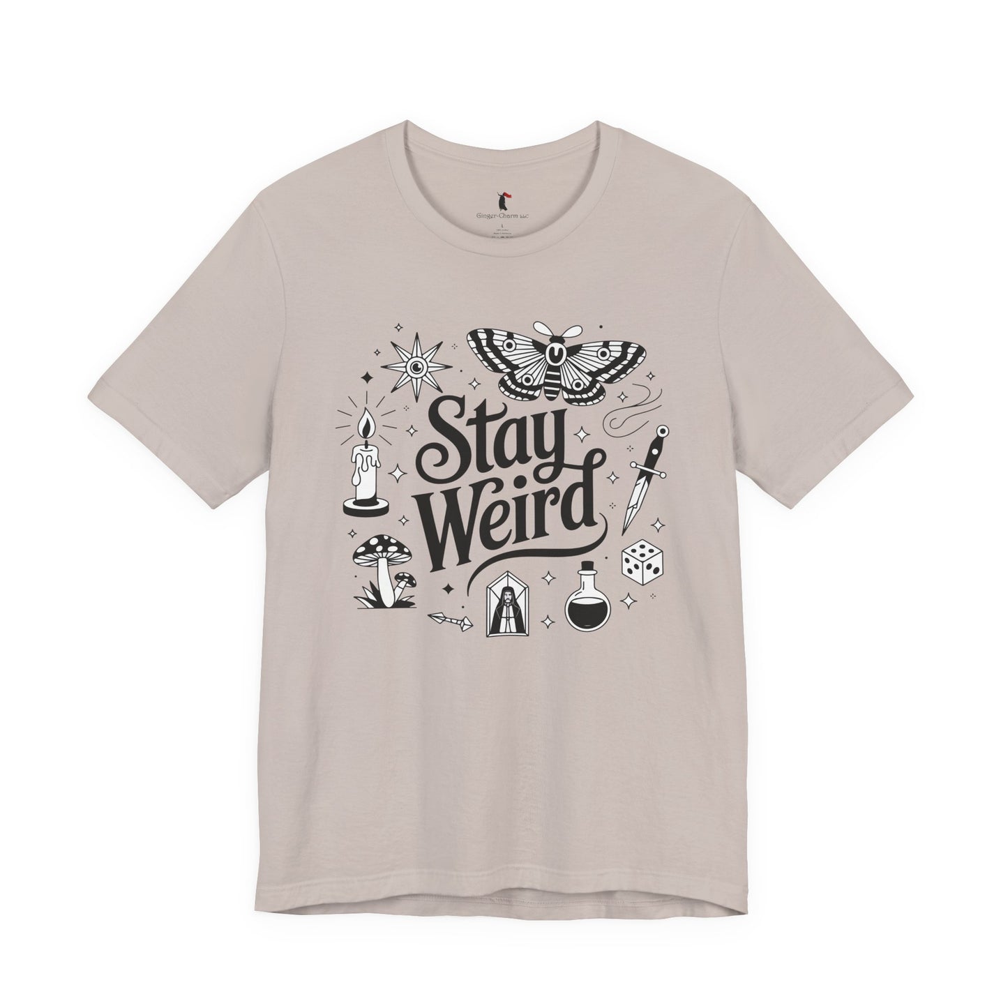 Stay Weird Graphic Tee — Witchy Moth Candle Dice Illustration