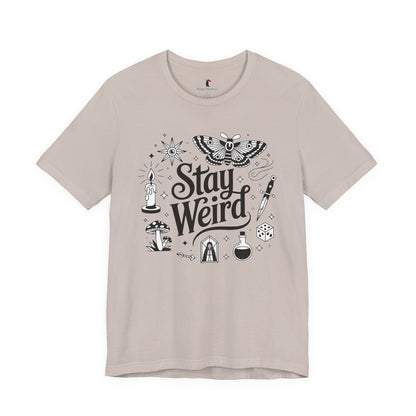 Stay Weird Graphic Tee — Witchy Moth Candle Dice Illustration