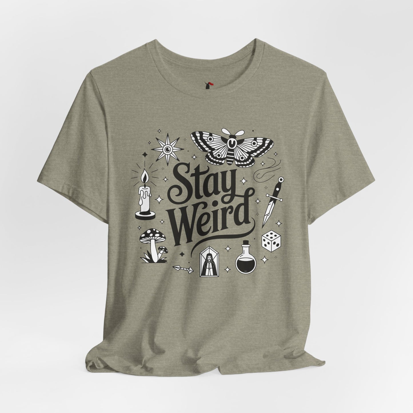 Stay Weird Graphic Tee — Witchy Moth Candle Dice Illustration