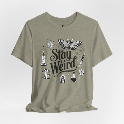 Stay Weird Graphic Tee — Witchy Moth Candle Dice Illustration