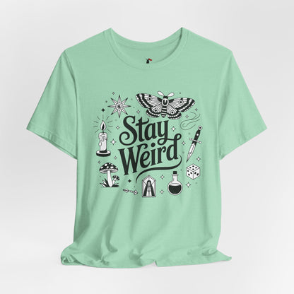 Stay Weird Graphic Tee — Witchy Moth Candle Dice Illustration