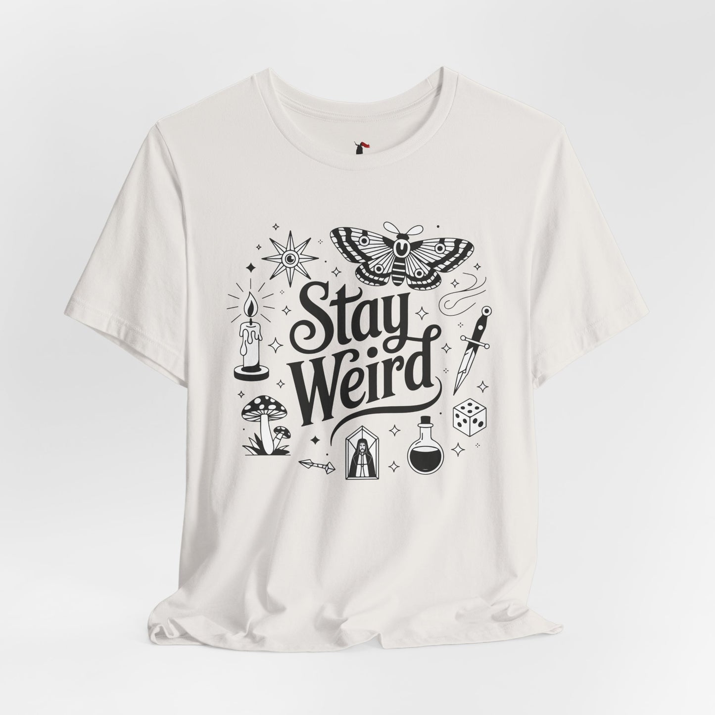Stay Weird Graphic Tee — Witchy Moth Candle Dice Illustration