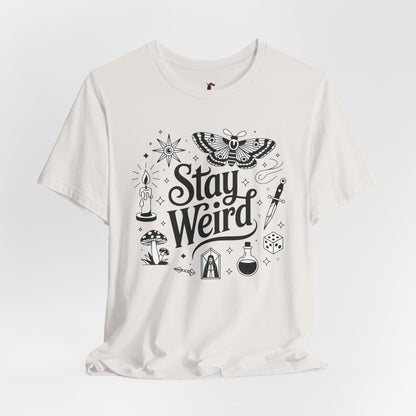 Stay Weird Graphic Tee — Witchy Moth Candle Dice Illustration