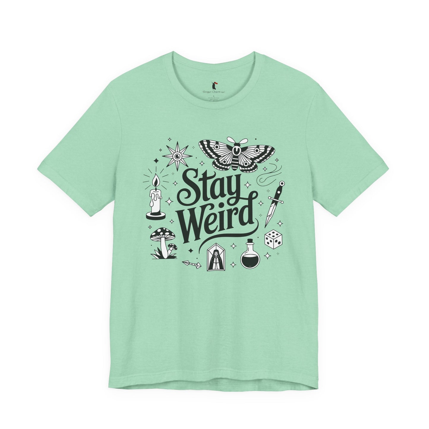 Stay Weird Graphic Tee — Witchy Moth Candle Dice Illustration