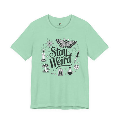Stay Weird Graphic Tee — Witchy Moth Candle Dice Illustration