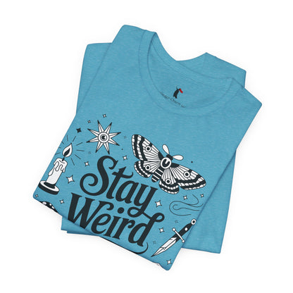 Stay Weird Graphic Tee — Witchy Moth Candle Dice Illustration