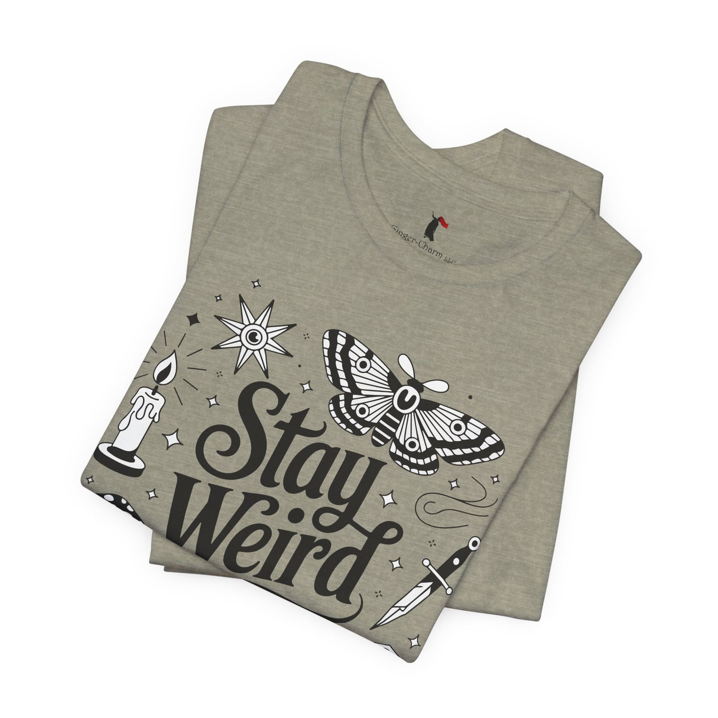 Stay Weird Graphic Tee — Witchy Moth Candle Dice Illustration