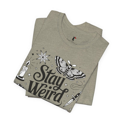 Stay Weird Graphic Tee — Witchy Moth Candle Dice Illustration