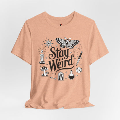 Stay Weird Graphic Tee — Witchy Moth Candle Dice Illustration