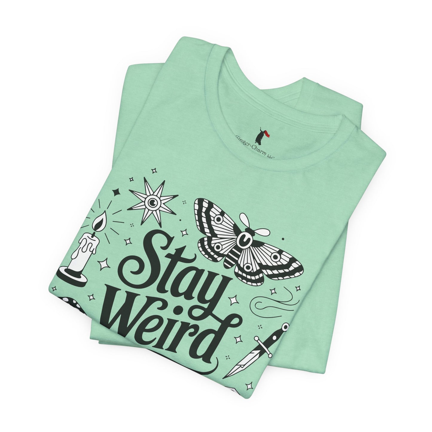 Stay Weird Graphic Tee — Witchy Moth Candle Dice Illustration