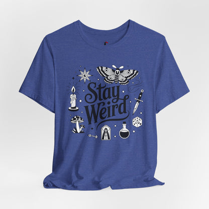 Stay Weird Graphic Tee — Witchy Moth Candle Dice Illustration