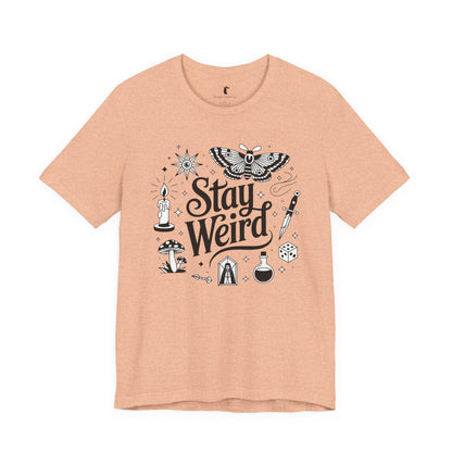 Stay Weird Graphic Tee — Witchy Moth Candle Dice Illustration