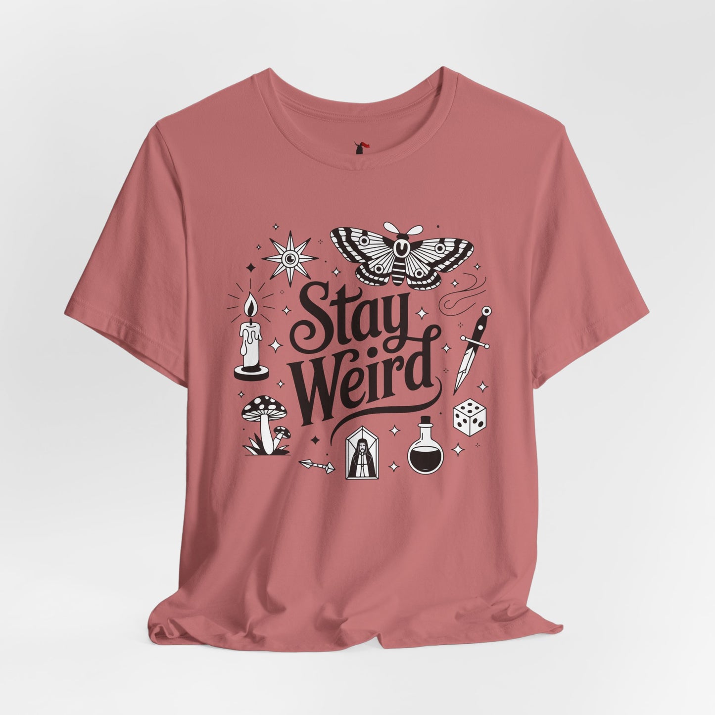 Stay Weird Graphic Tee — Witchy Moth Candle Dice Illustration
