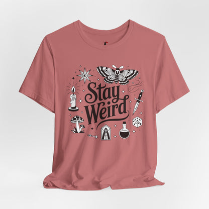 Stay Weird Graphic Tee — Witchy Moth Candle Dice Illustration