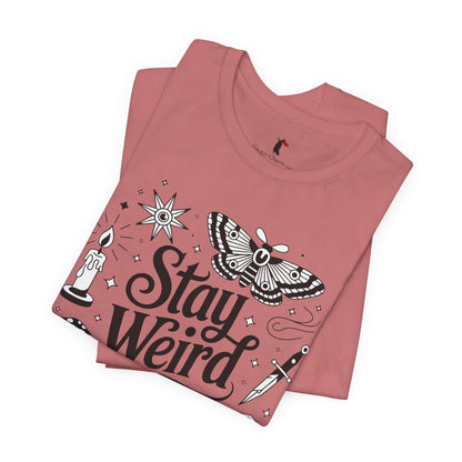 Stay Weird Graphic Tee — Witchy Moth Candle Dice Illustration