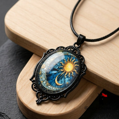 Necklace -Gothic Filigree Oval Cameo Pendant  – Mystical Glass Cabochon