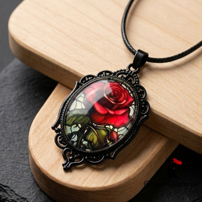 Necklace -Gothic Filigree Oval Cameo Pendant  – Mystical Glass Cabochon