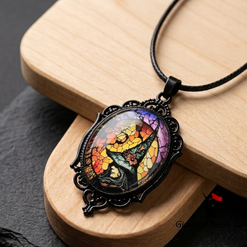 Necklace -Gothic Filigree Oval Cameo Pendant  – Mystical Glass Cabochon
