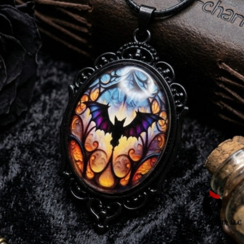 Necklace -Gothic Filigree Oval Cameo Pendant  – Mystical Glass Cabochon