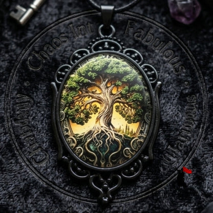 Necklace -Gothic Filigree Oval Cameo Pendant  – Mystical Glass Cabochon