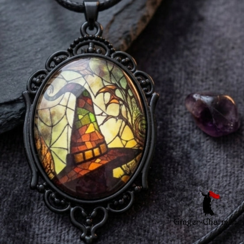 Necklace -Gothic Filigree Oval Cameo Pendant  – Mystical Glass Cabochon