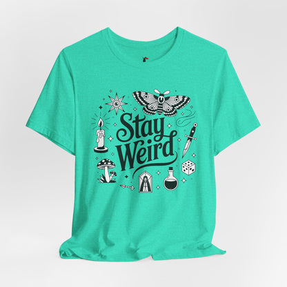 Stay Weird Graphic Tee — Witchy Moth Candle Dice Illustration