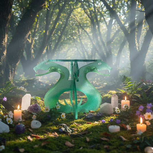 Green glittery serpent altar table in a forest background