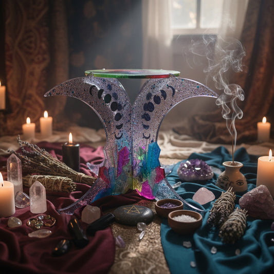 Wiccan altar with crystal, candles, and smudging tools in a cozy room.
