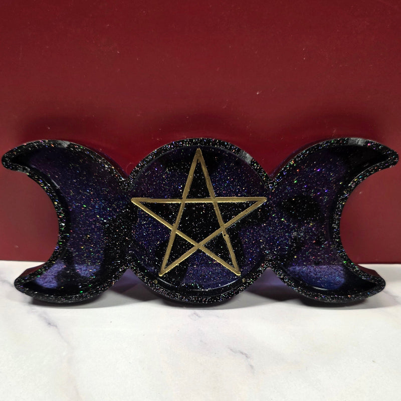 Resin Offering Plate - 3 Moon With Pentacle - Dark Purple