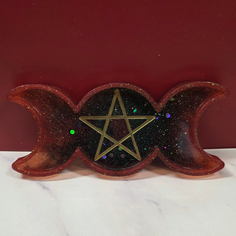 Resin Offering Plate - 3 Moon With Pentacle - Dark Red