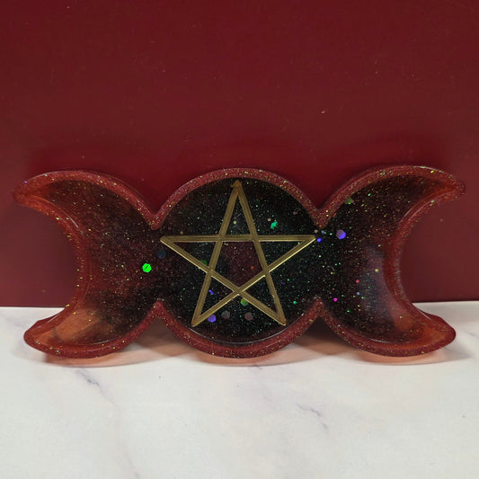 Resin Offering Plate - 3 Moon With Pentacle - Dark Red