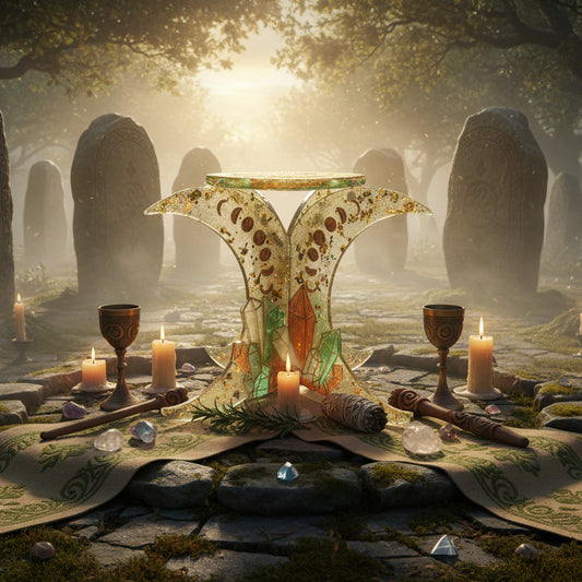 Green orange and white resin altar table with Tree of Life engraving.