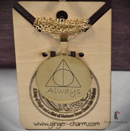 Necklace - Gold - Stainless Steel 30mm Round -Always Deathly Hallows