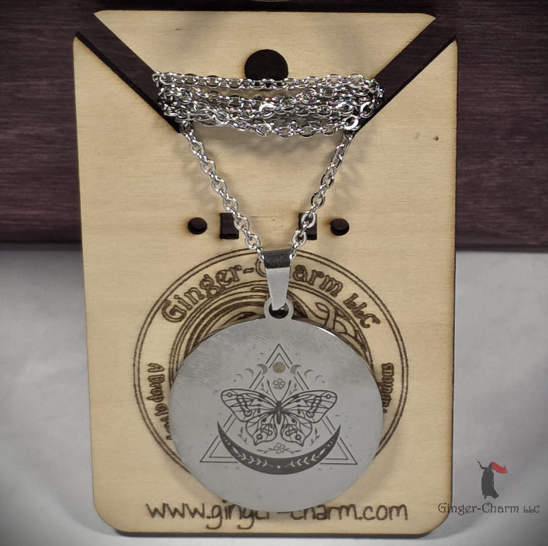 Necklace - Silver - Stainless Steel 30mm Round -Celestial Butterfly