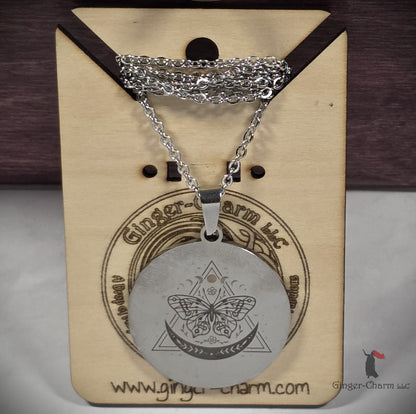 Necklace - Silver - Stainless Steel 30mm Round -Celestial Butterfly