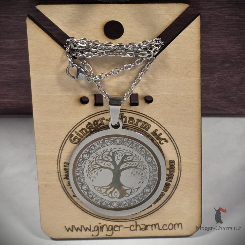 Necklace - Silver - Stainless Steel 30mm Round -Celtic Tree of Life
