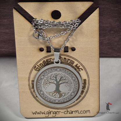 Necklace - Silver - Stainless Steel 30mm Round -Celtic Tree of Life