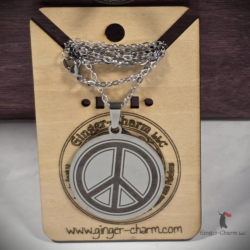 Necklace - Silver - Stainless Steel 30mm Round -Peace