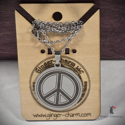 Necklace - Silver - Stainless Steel 30mm Round -Peace