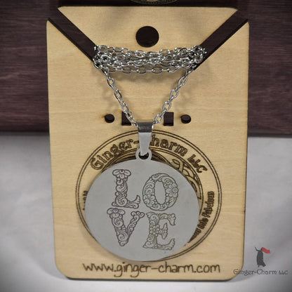 Necklace - Silver - Stainless Steel 30mm Round - Love
